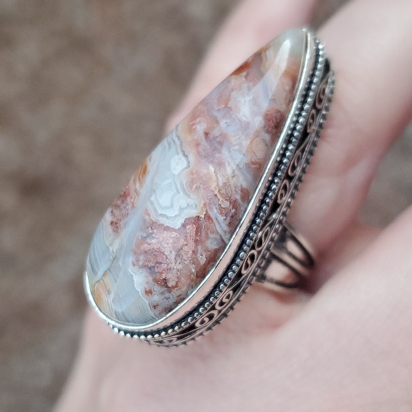 New Oversized Crazy Lace Agate 925 Silver Statement Ring. - Picture 14 of 16
